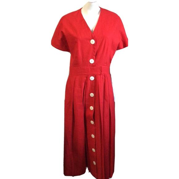 Vintage 80s Midi Long Red Pleated Skirt Linen Dress Secretary 14 16 Rockabilly - Picture 1 of 12